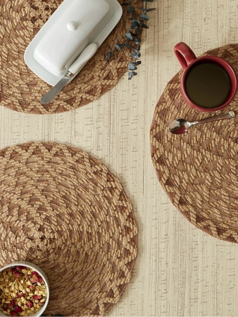 Round Braided Woven Placemats in Brown and Tan